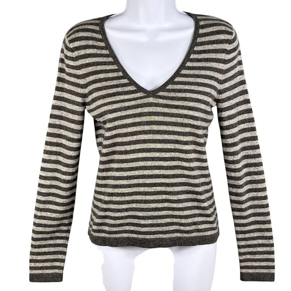 Michael Kors Womens S Y2K Gray Striped V-Neck 100% Cashmere Sweater Long Sleeve - Picture 1 of 14